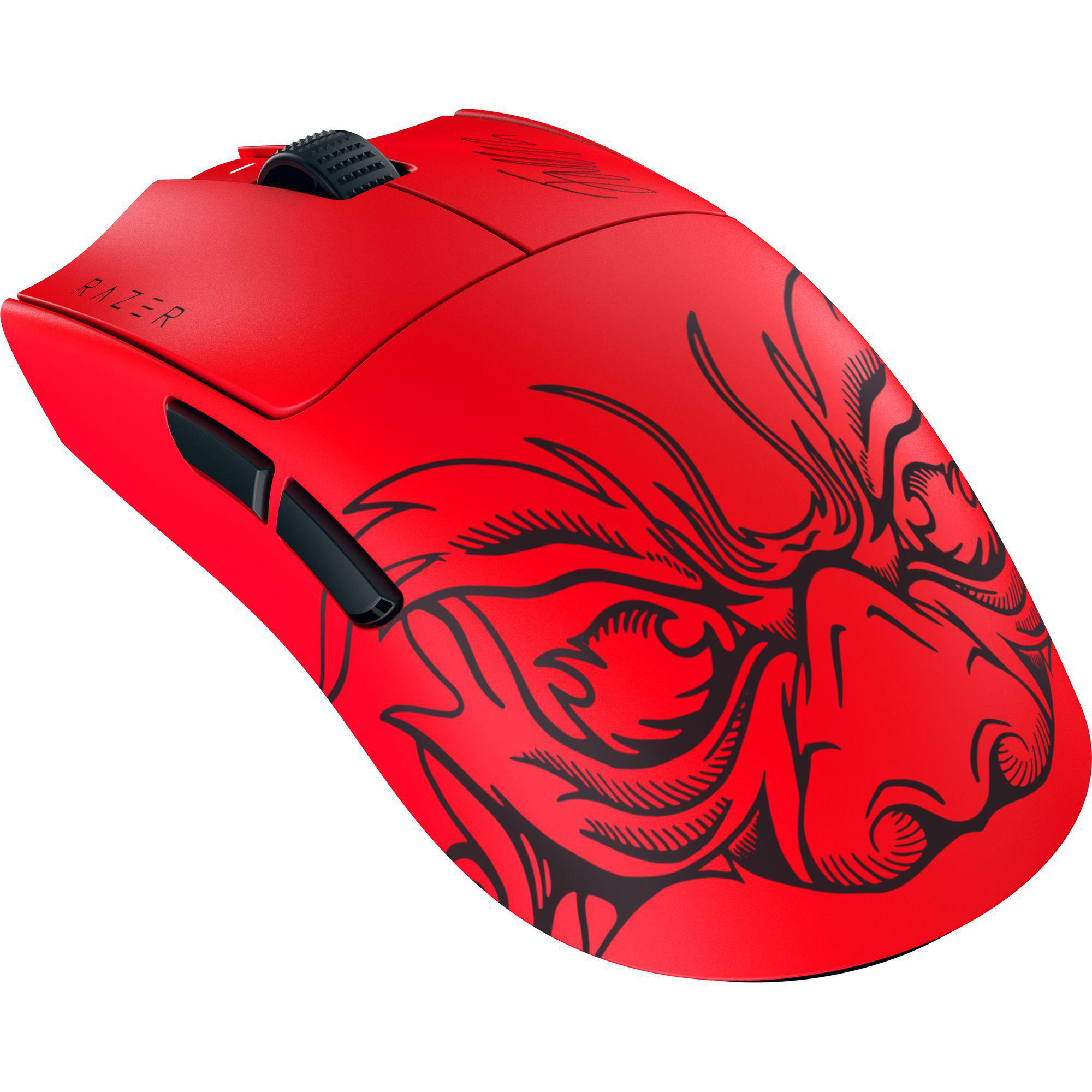 Eine rote Gaming-Maus mit schwarzen Akzenten und einem drachenartigen Design.