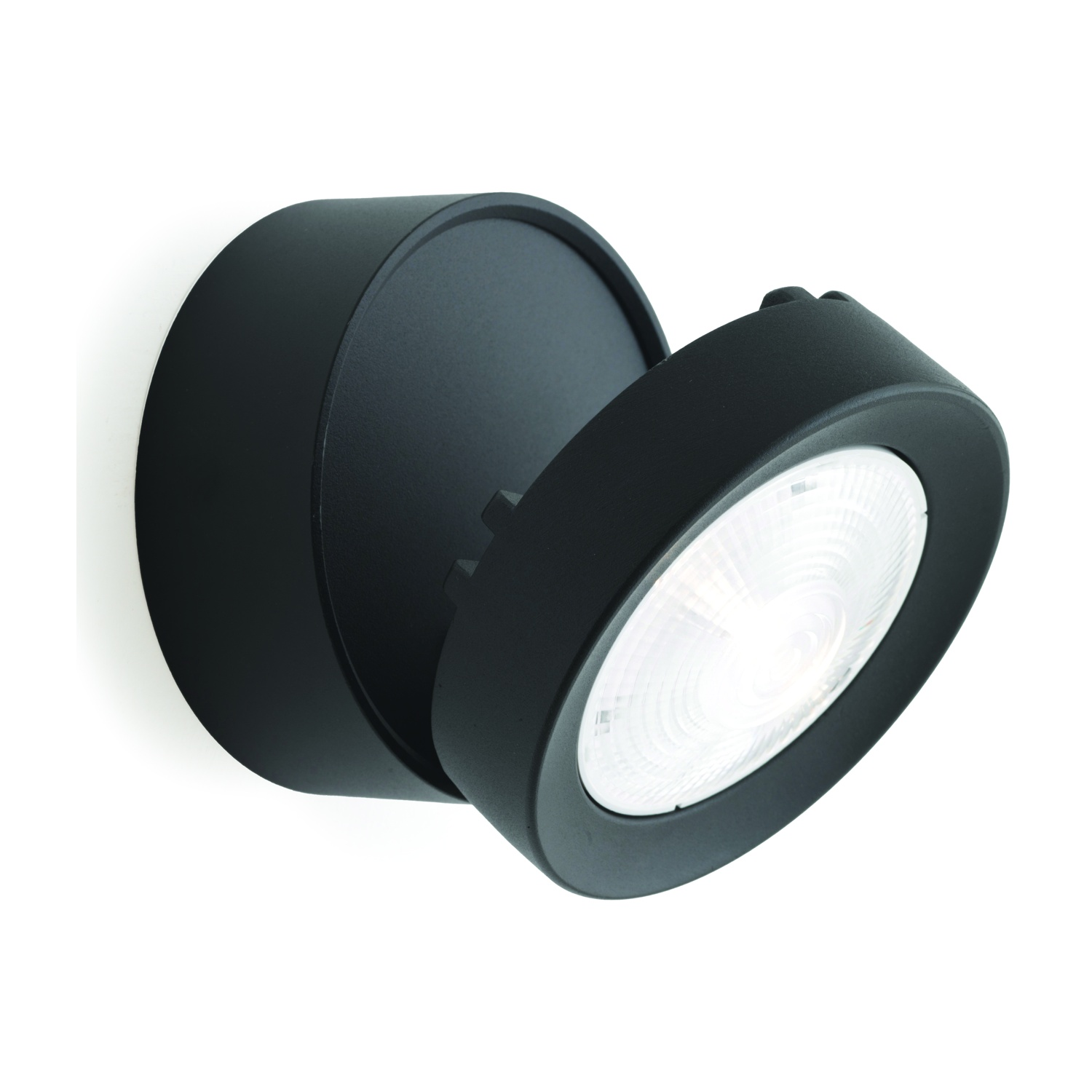 Faretto nero con luce circolare su sfondo bianco.