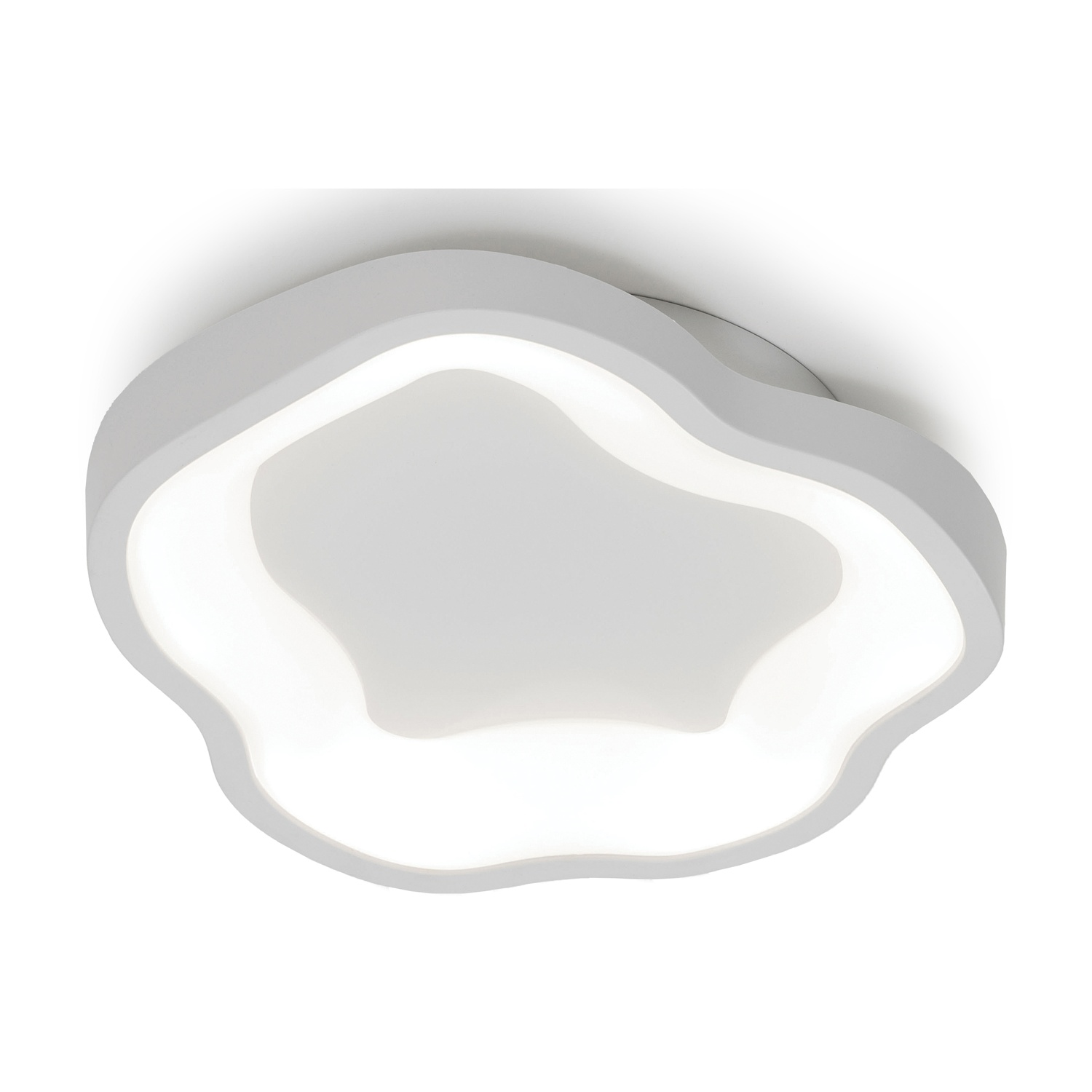 Lampada da soffitto bianca a forma di nuvola con luce interna circolare brillante.