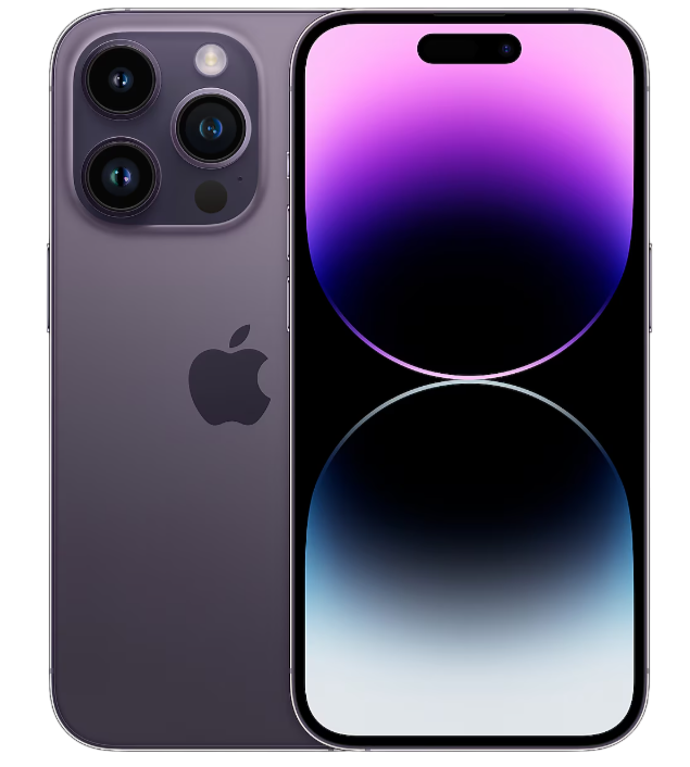 Üç arka kamerası ve siyah ekranı olan mor bir iPhone, arka ve ekranı gösteriyor.