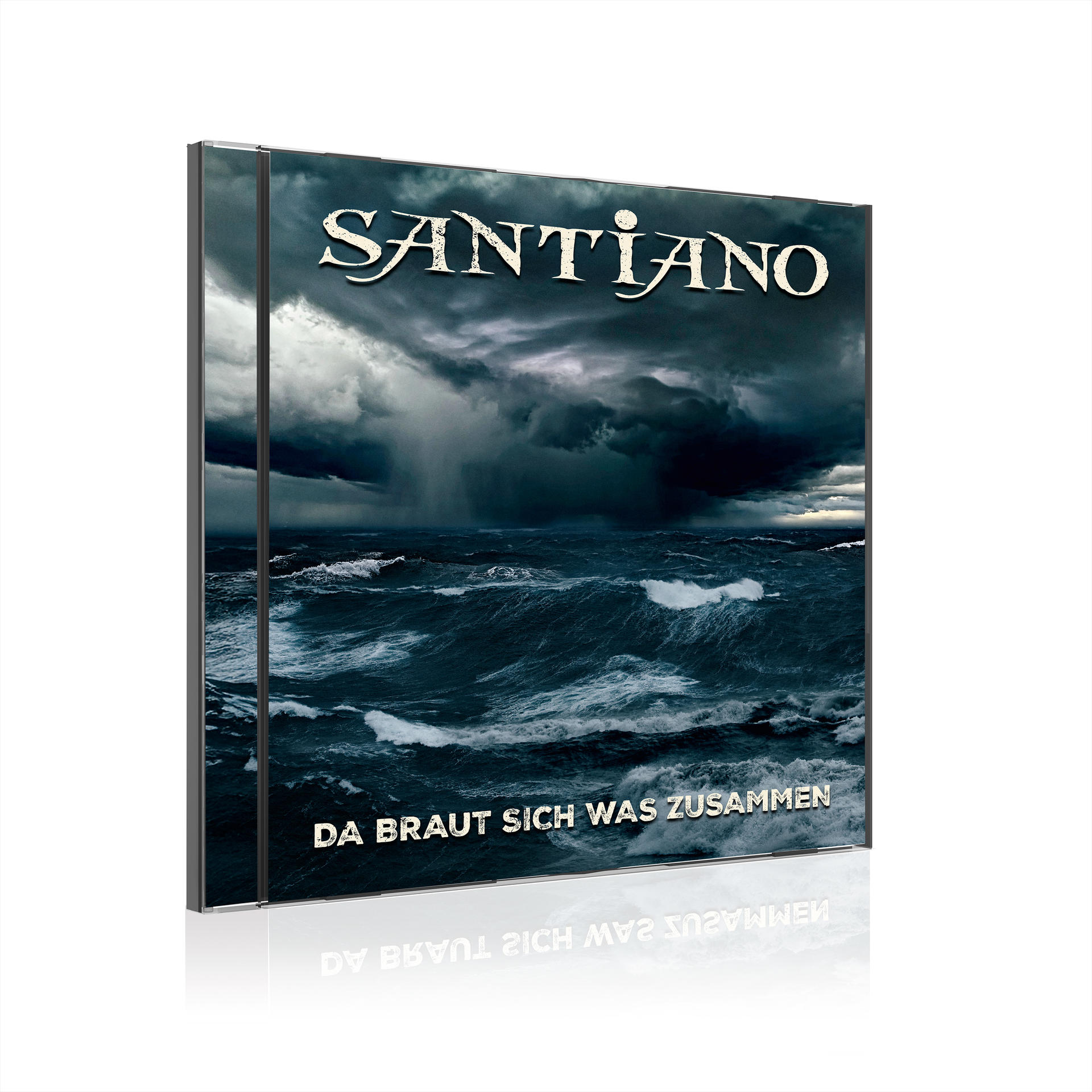CD-Hülle mit dem Titel 'SANTIANO' über einem stürmischen Meer. Der Text 'DA BRAUT SICH WAS ZUSAMMEN' steht unten.