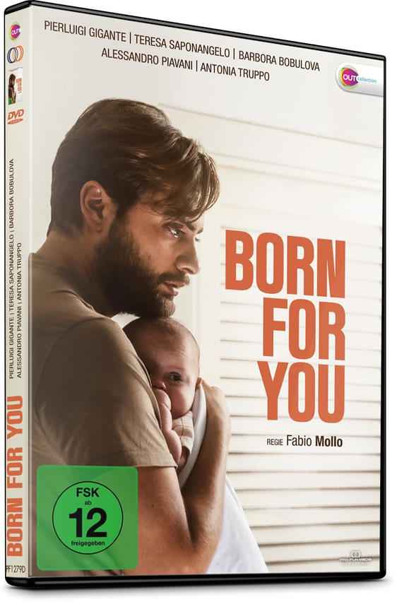DVD-Hülle mit einem Mann, der ein Baby hält, Text Born For You.