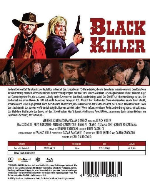 DVD-Cover des Films 'Black Killer'. Zeigt Schauspieler in Cowboyhüten, Pistole und Text.