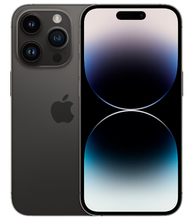 Karanlık gri bir iPhone 14 Pro, arka tarafı kameralar ve ön ekranı gösteriyor.