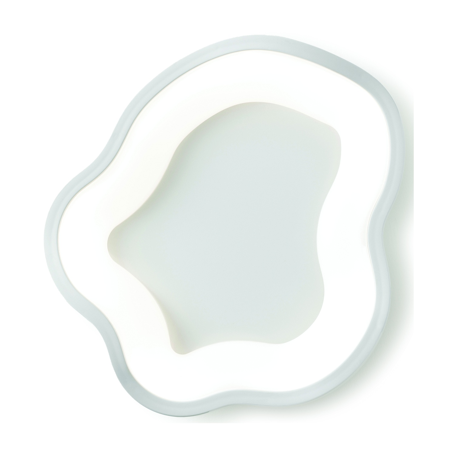 Lampada da soffitto moderna, a forma astratta, bianca con bordo grigio, su sfondo bianco.