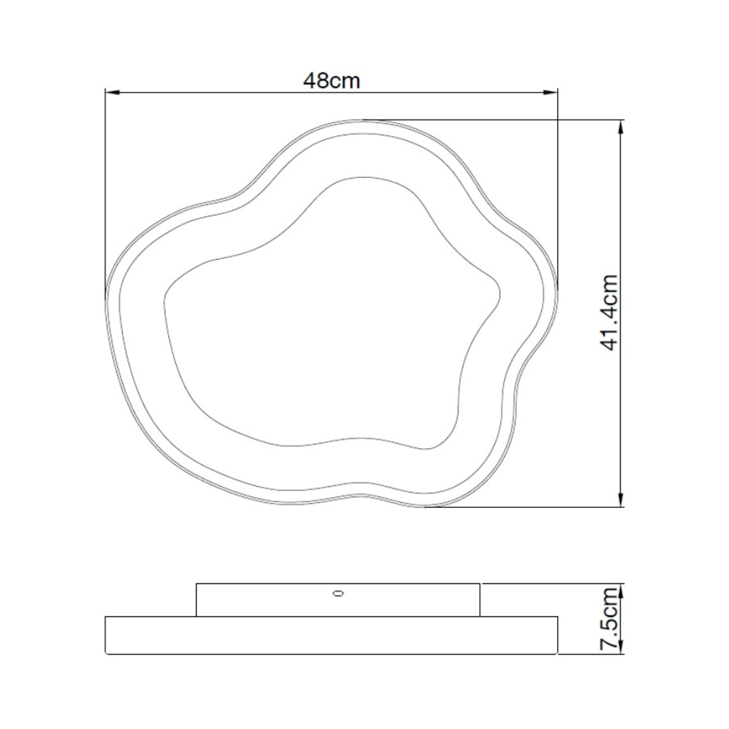 Una vista dall'alto e laterale di un vassoio decorativo a forma di onda. Le dimensioni sono indicate in centimetri.