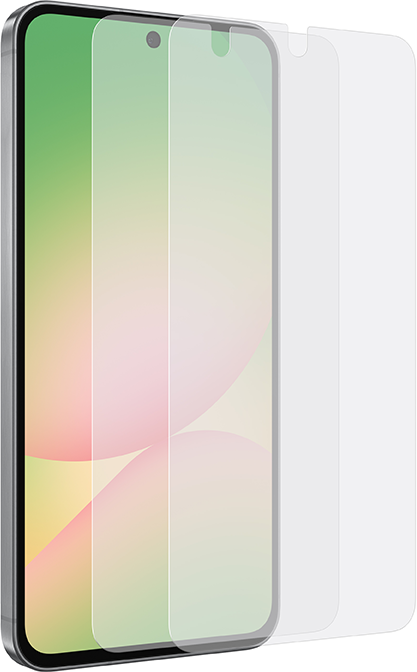 Okostelefon képernyővédővel. A védő és a telefon látható. A telefonon kamera található.