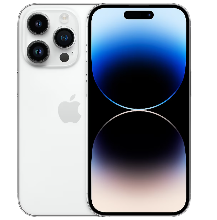 Üç arka kamerası olan beyaz iPhone. Ekran mavi-siyah bir gradyan gösteriyor.