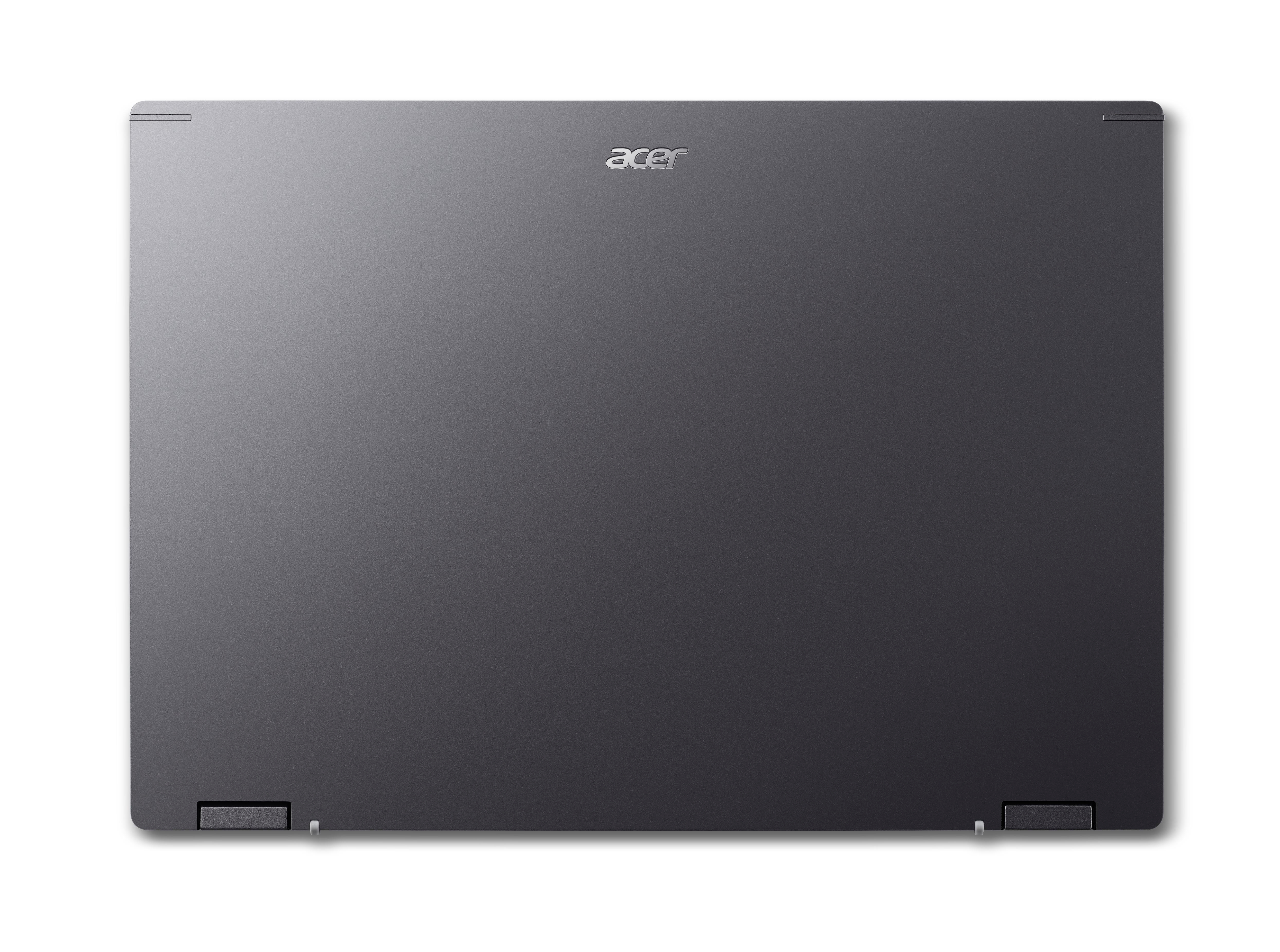Laptop-Rückseite, geschlossen. Acer-Logo in der Mitte, dunkelgrau, auf weißem Hintergrund.