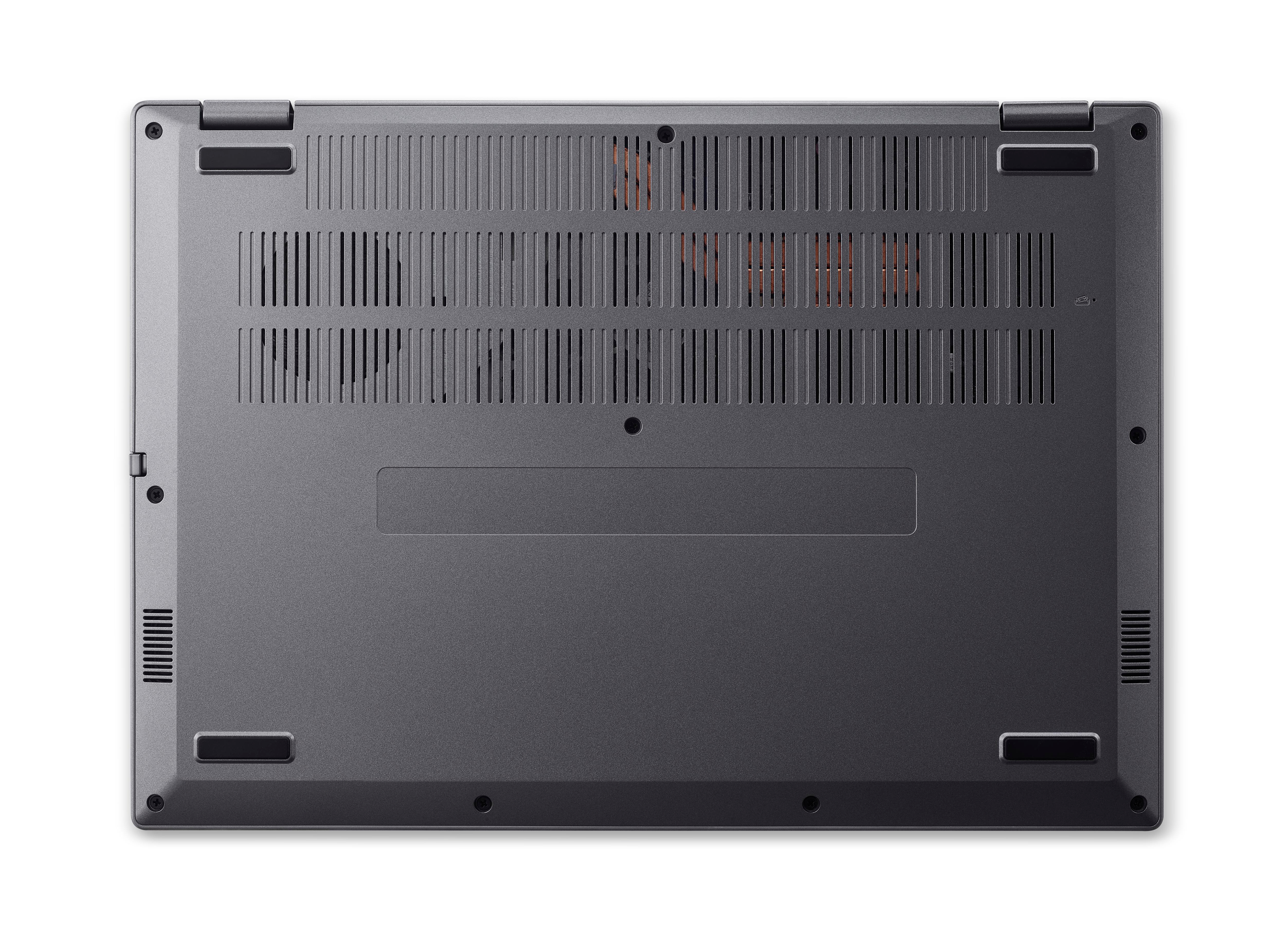 Die Unterseite eines grauen Laptops mit Lüftungsschlitzen und Gummifüßen.