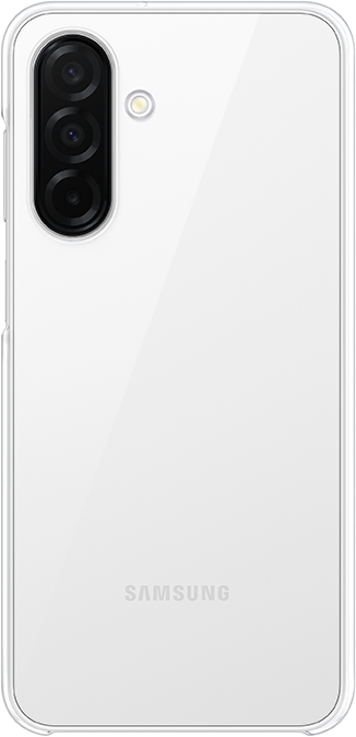 Fehér okostelefon hátlapja. Három kamerája van, és alul a Samsung logó. Átlátszó tok.