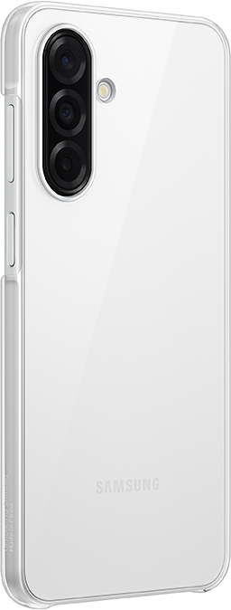 Egy fehér telefon átlátszó tokkal. A telefon hátoldala látható.