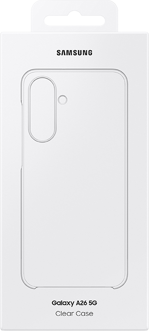 Samsung Galaxy A26 5G átlátszó tok a dobozában. A doboz fehér, és a tokot mutatja.