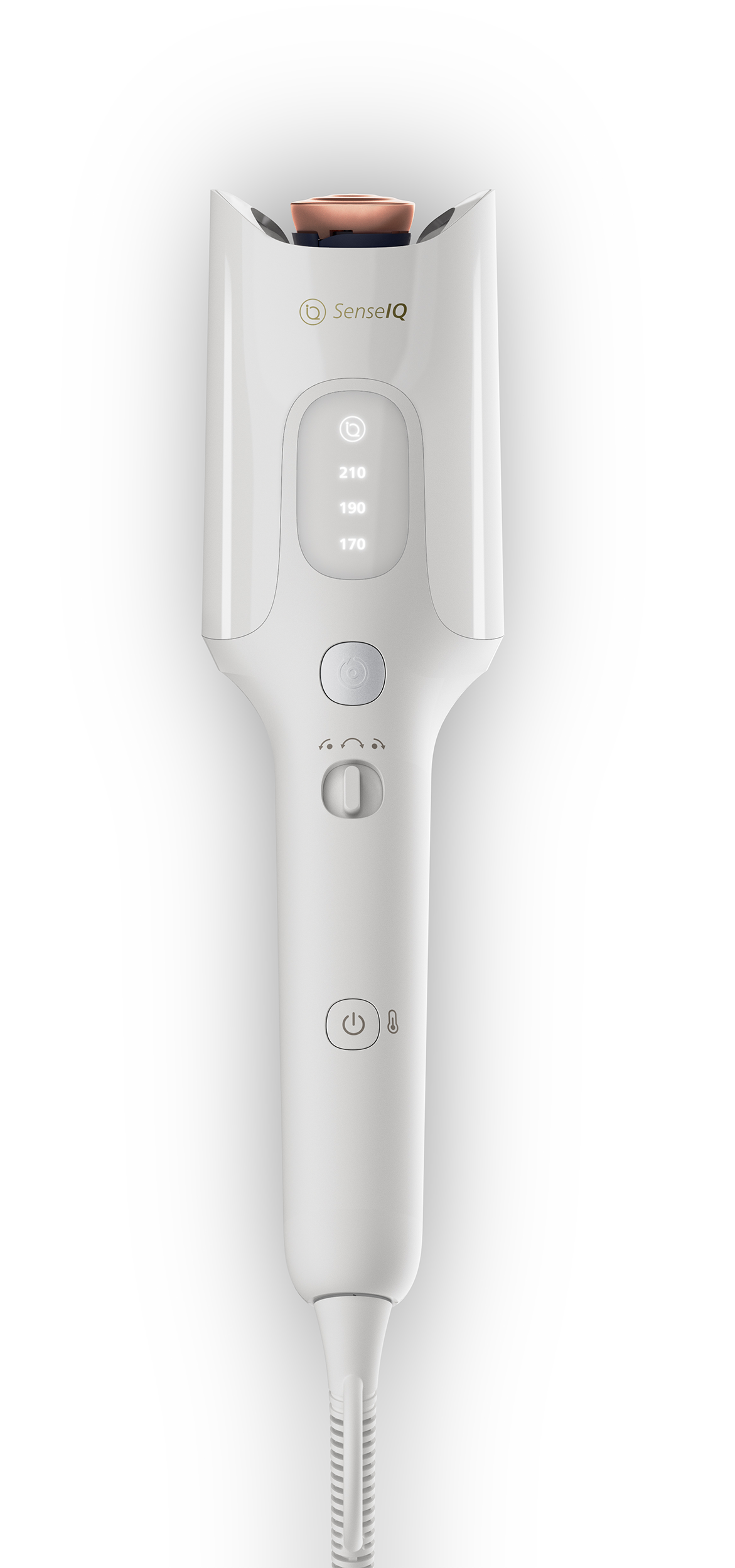 Fehér hajformázó eszköz. Hőmérséklet beállításokkal. A teteje rézszínű.