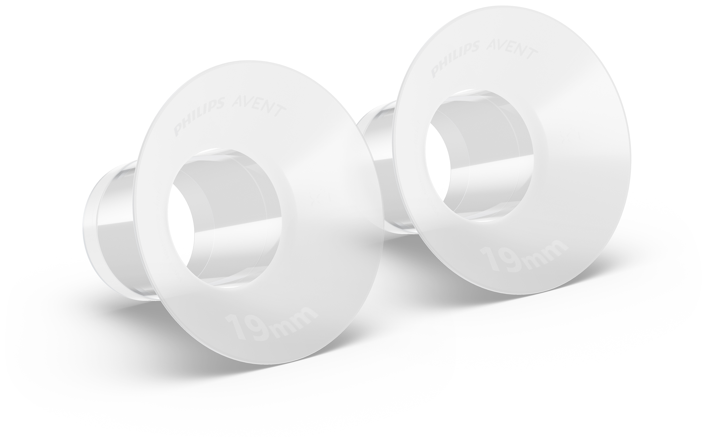 Két fehér Philips Avent mellbimbóvédő, 79 mm, fehér háttéren.