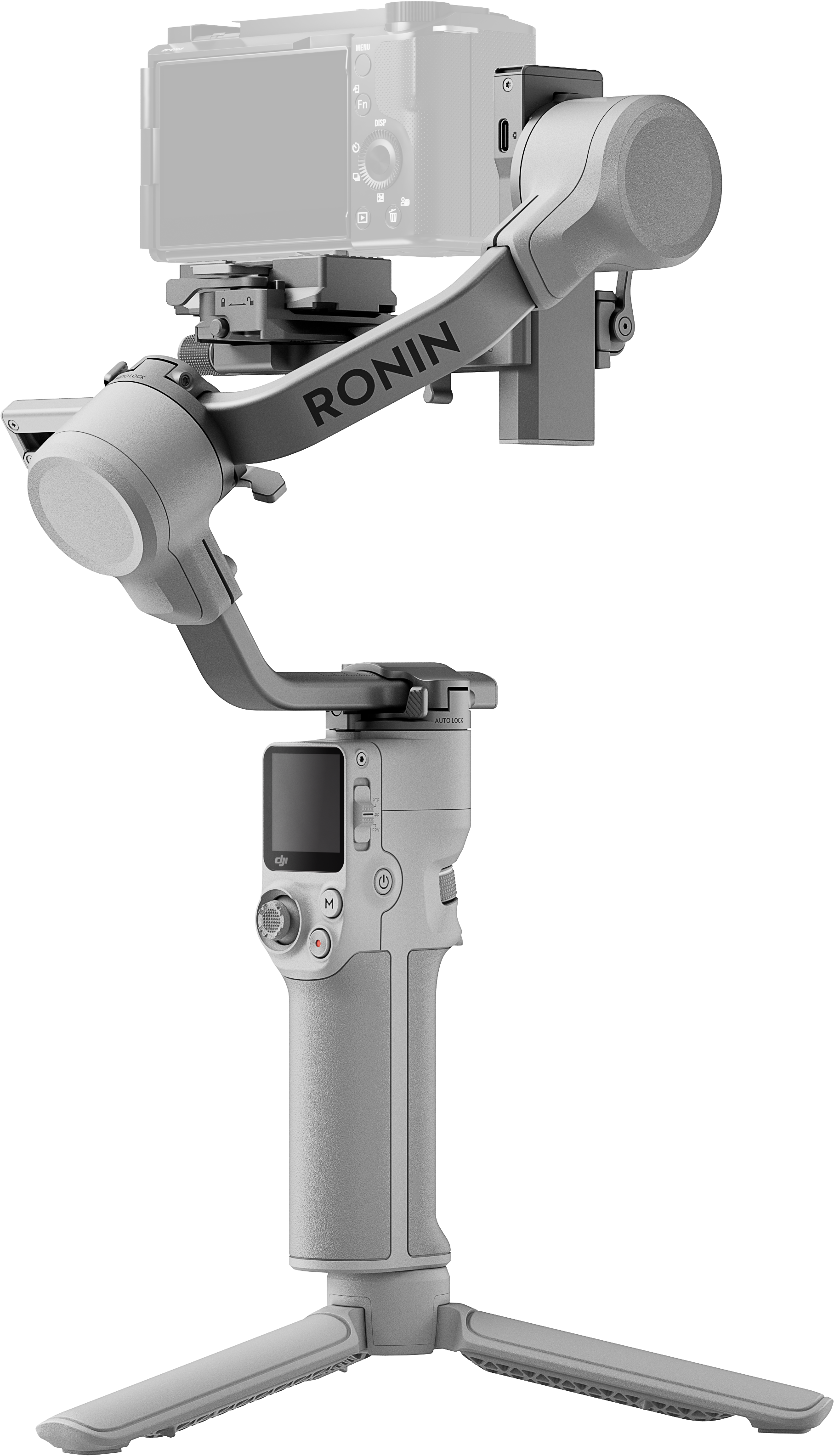 Un stabilisateur Ronin gris avec une caméra montée dessus, fond noir.
