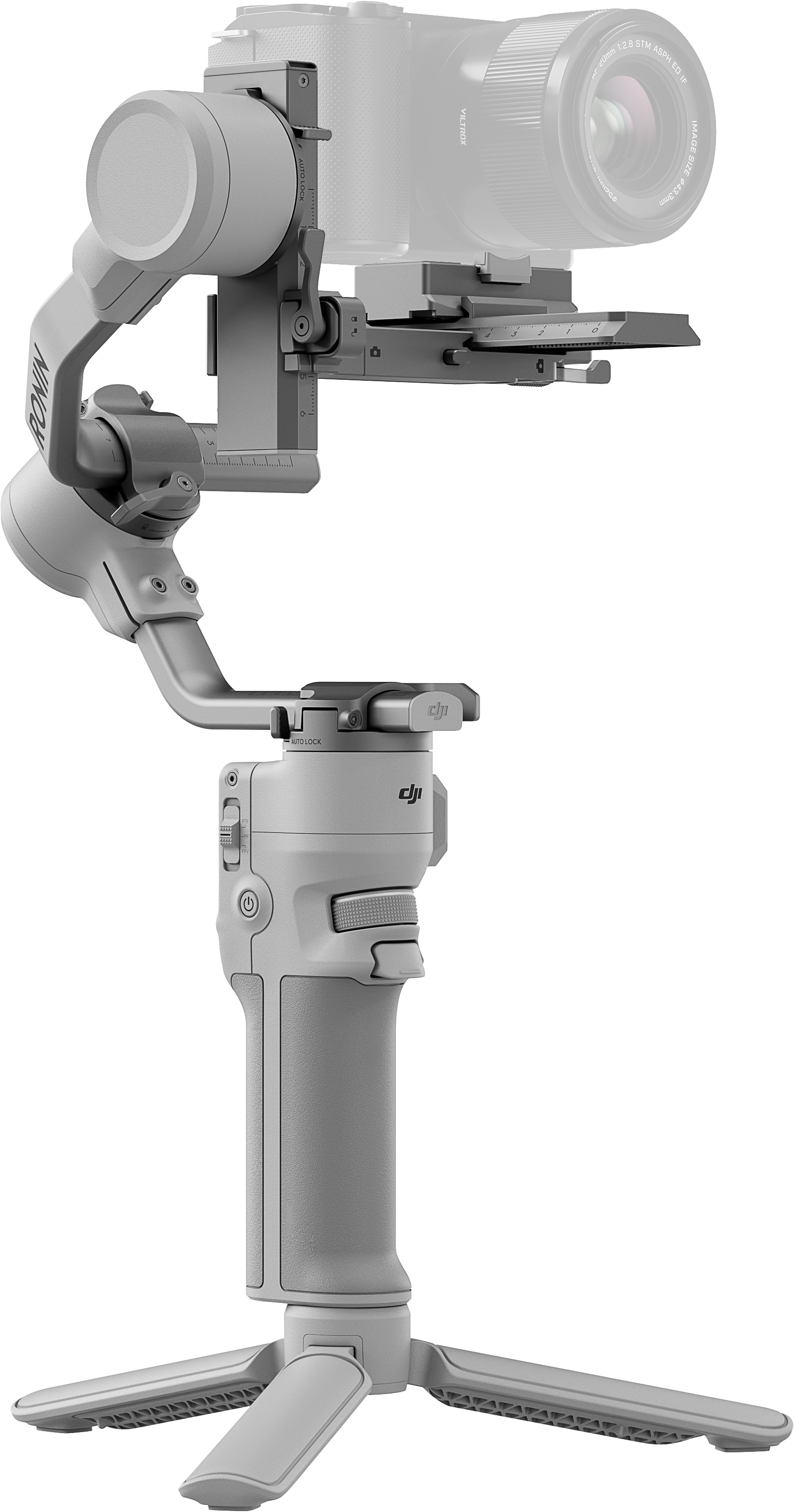 Stabilisateur de caméra gris avec caméra attachée. Fond noir.