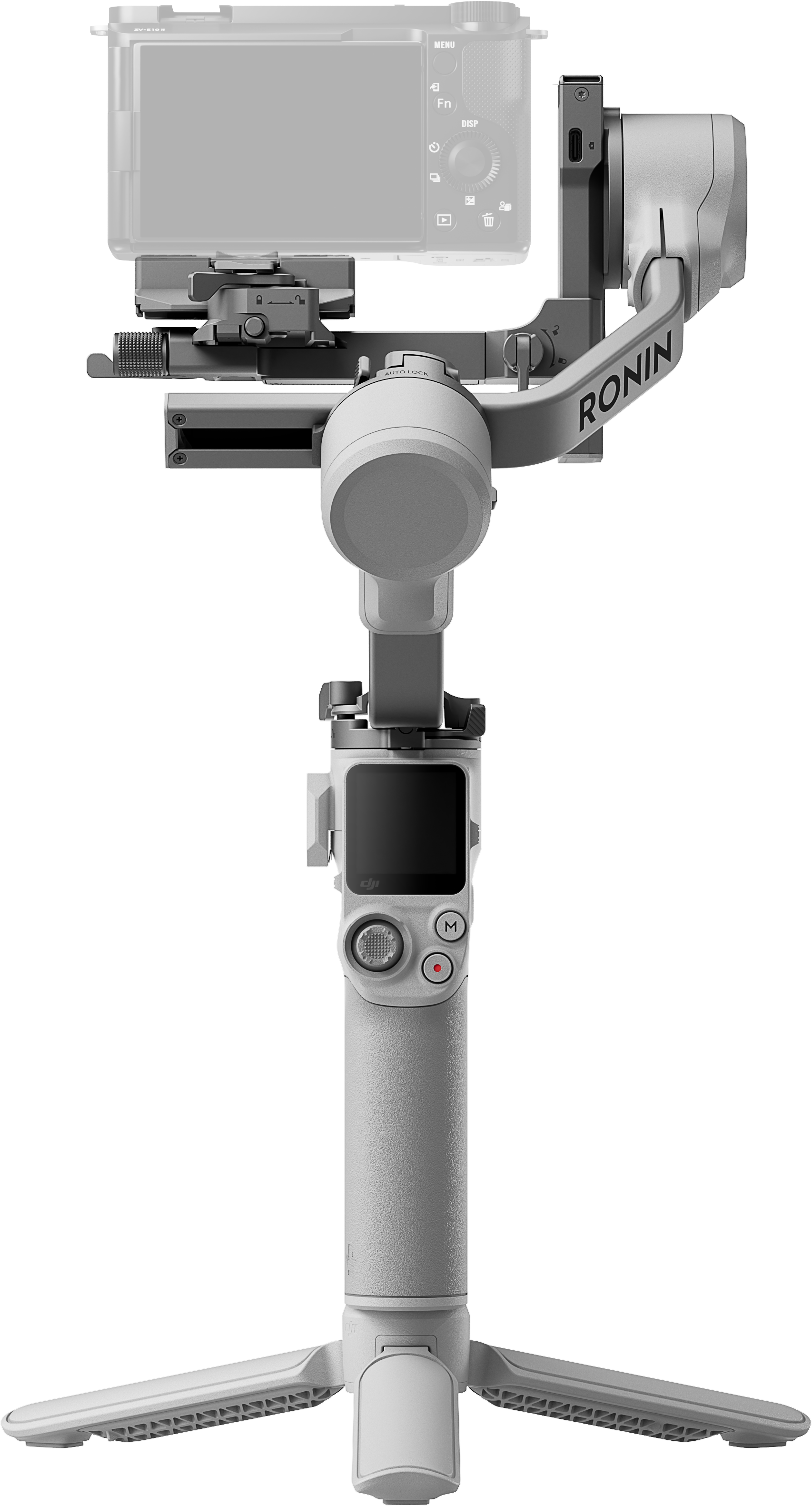 Stabilisateur de caméra Ronin blanc avec caméra attachée, sur un trépied.