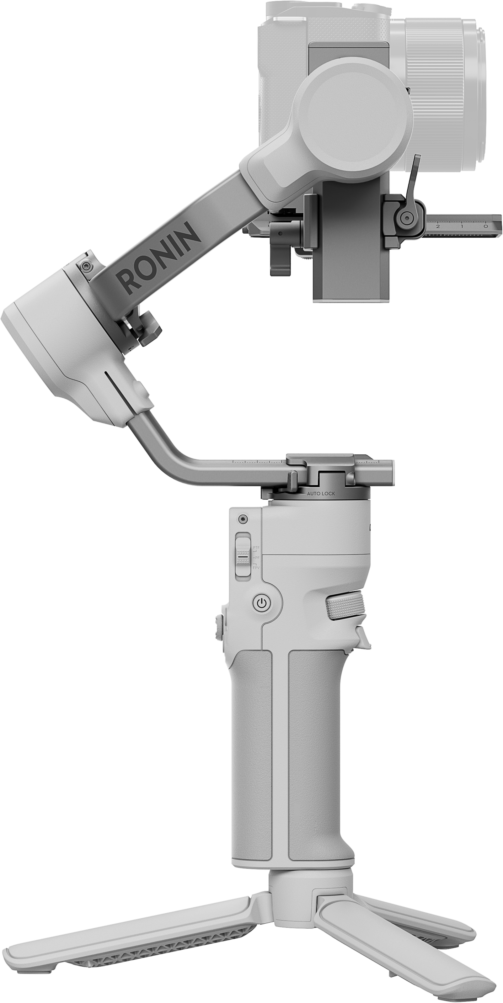 Stabilisateur de cardan blanc avec caméra attachée. Fond noir, équipement professionnel.