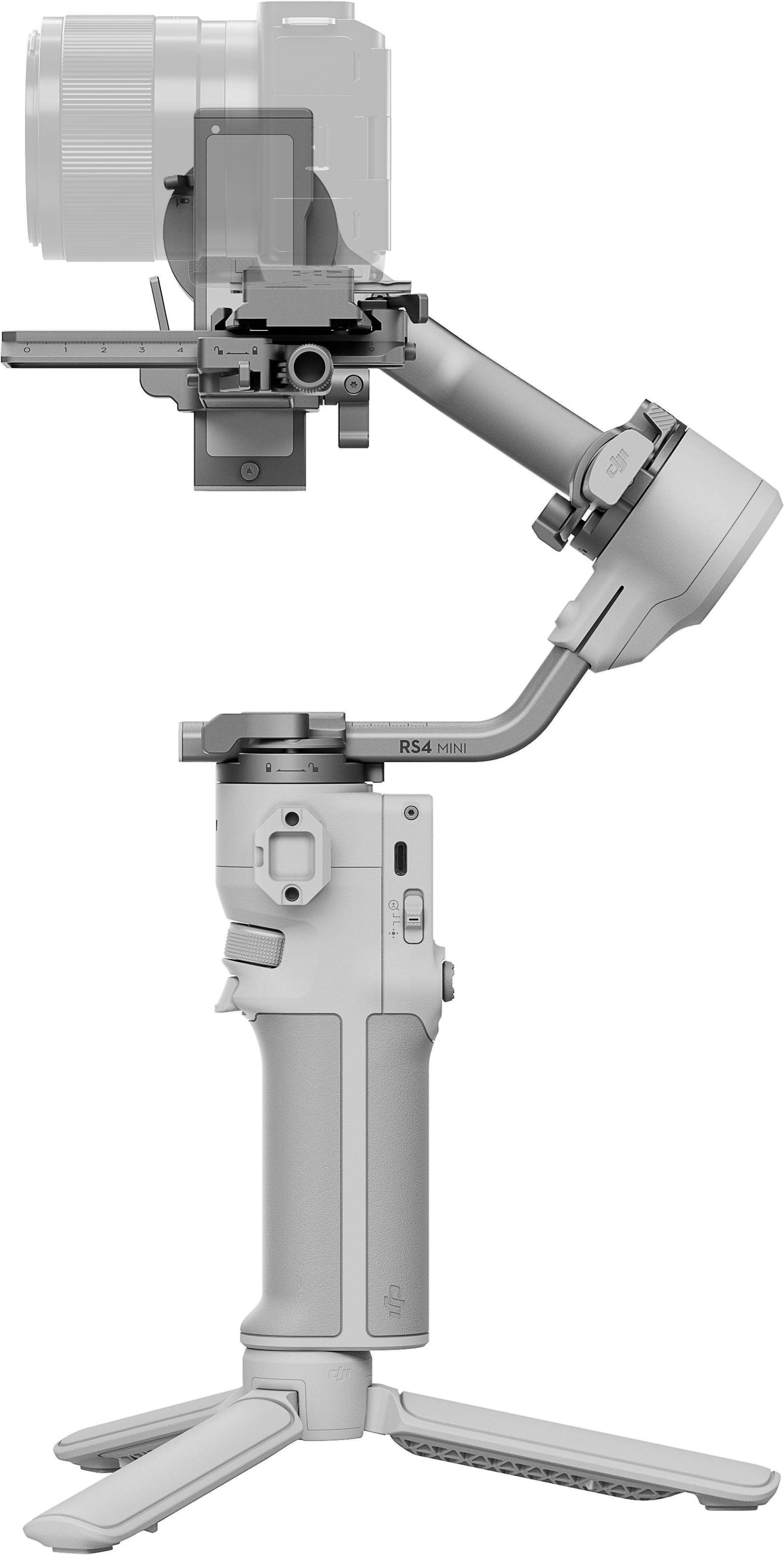 Un stabilisateur de caméra blanc et gris avec une caméra attachée, vue latérale.