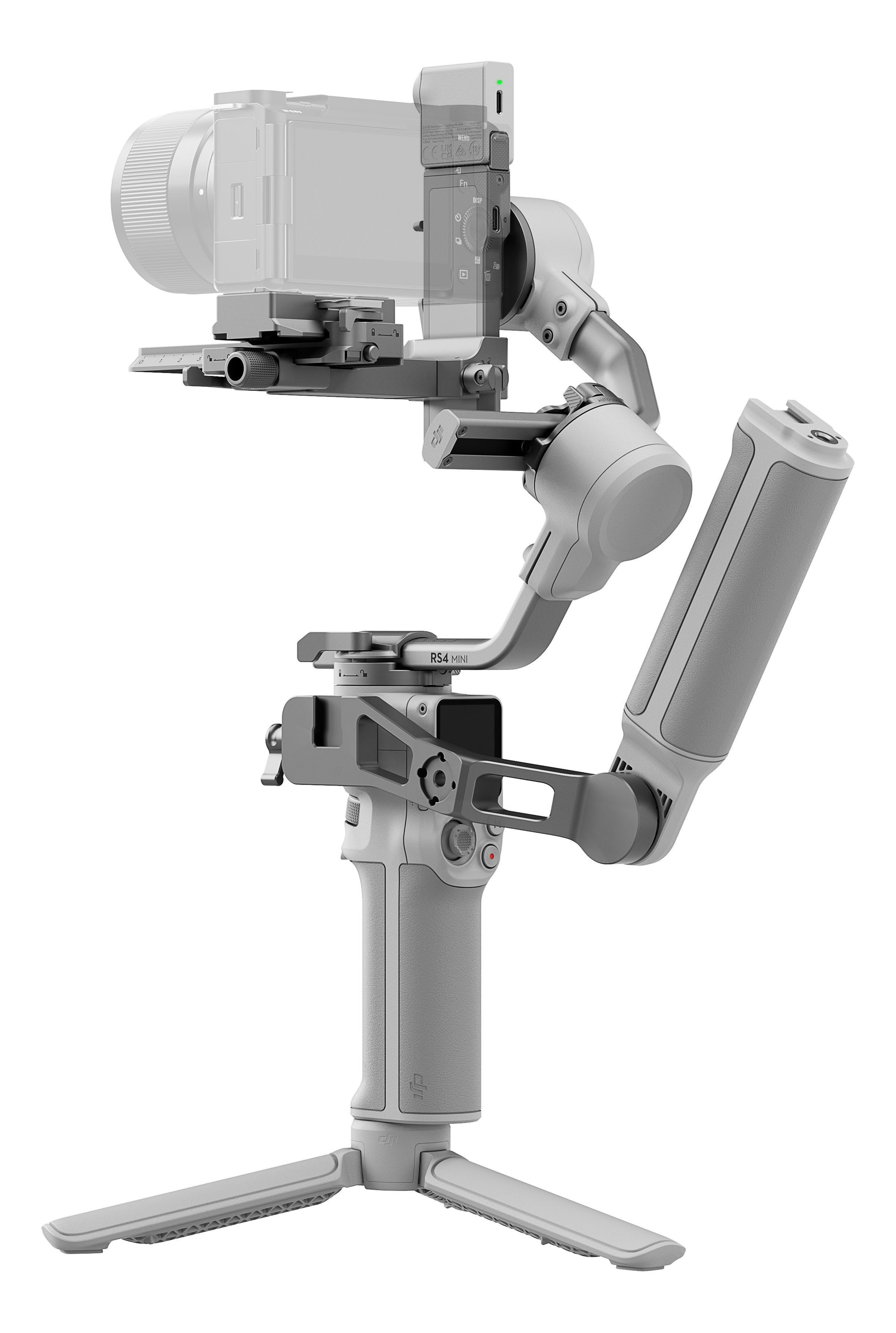 Un stabilisateur gris avec une caméra attachée, sur fond noir. L'écran de la caméra est visible.