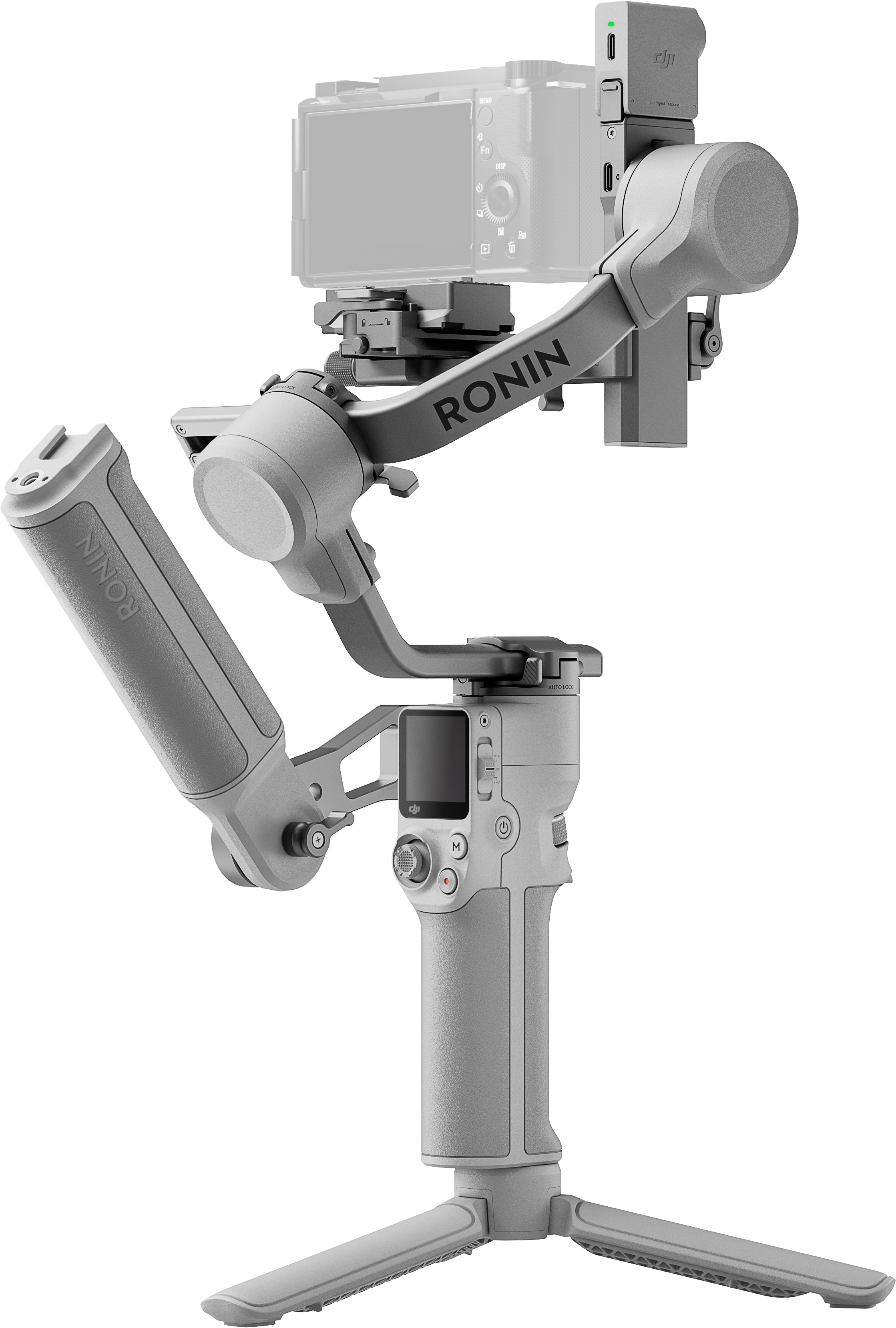 Stabilisateur de caméra Ronin gris avec caméra attachée.