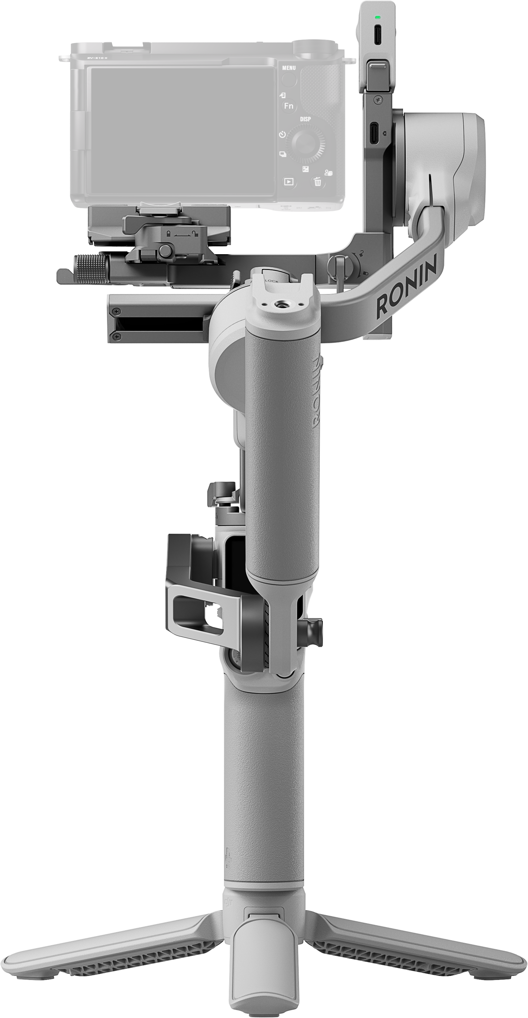 Un stabilisateur Ronin blanc avec une caméra attachée.