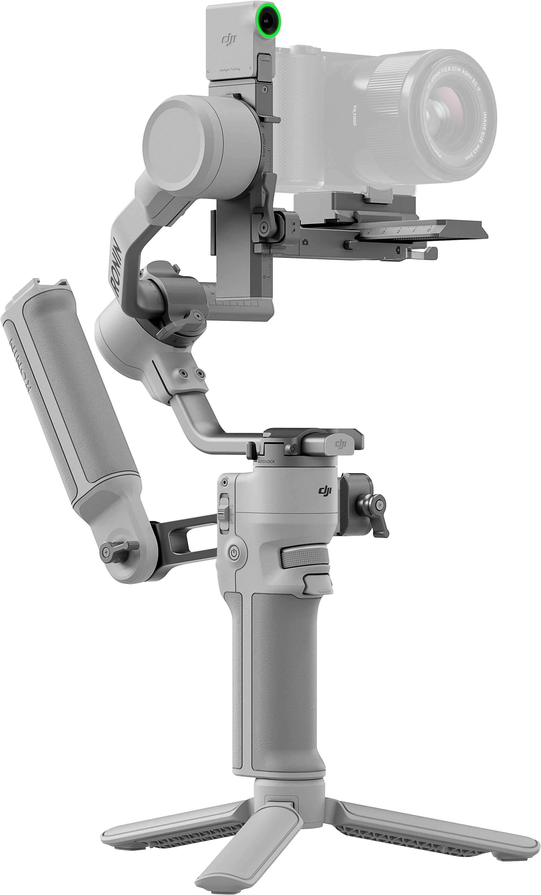 Gimbal blanc et gris avec une caméra attachée, sur un trépied. Fond noir.