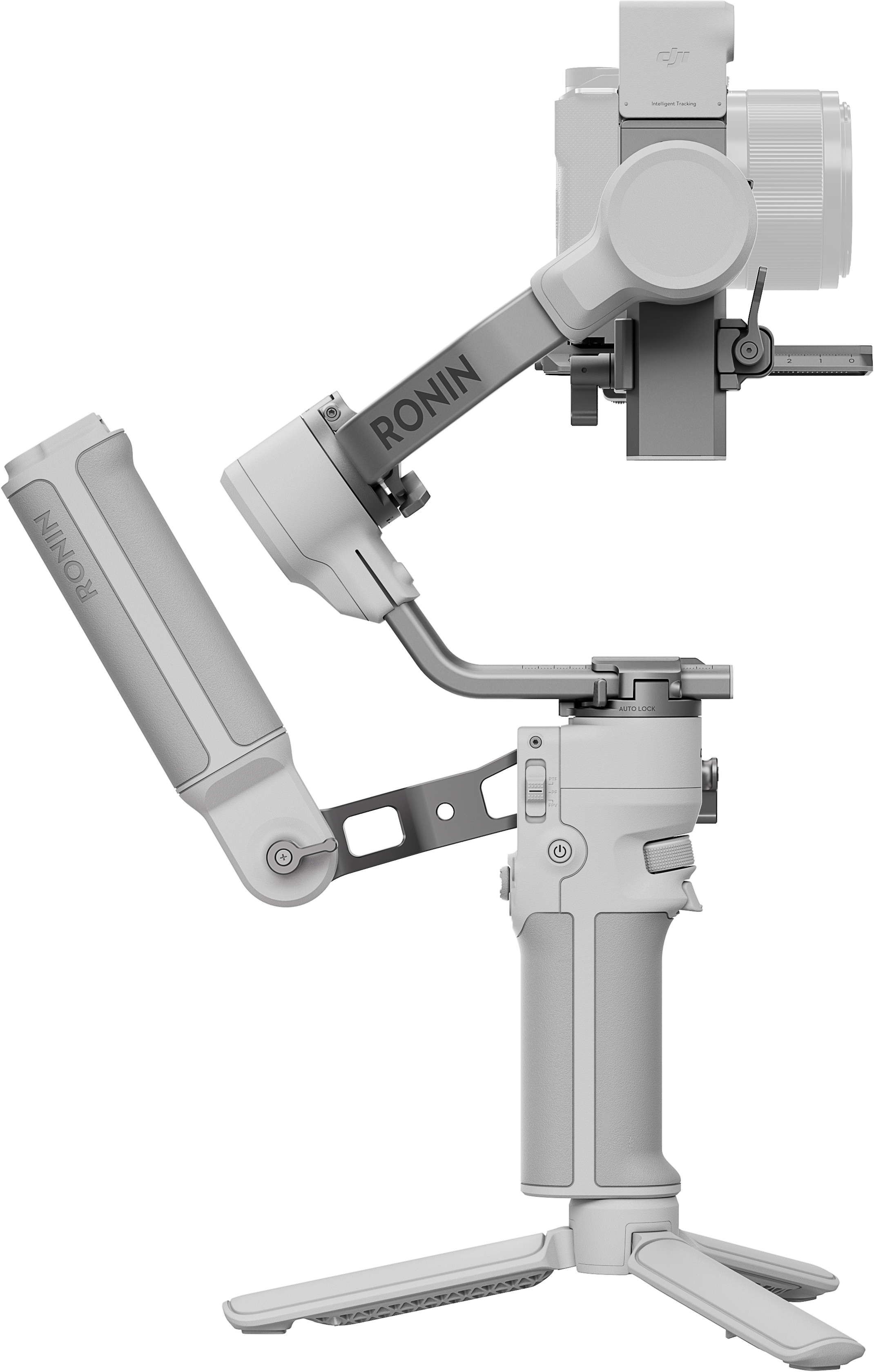 Stabilisateur de caméra Ronin blanc et gris. Il a une poignée, des pieds et une caméra montée.
