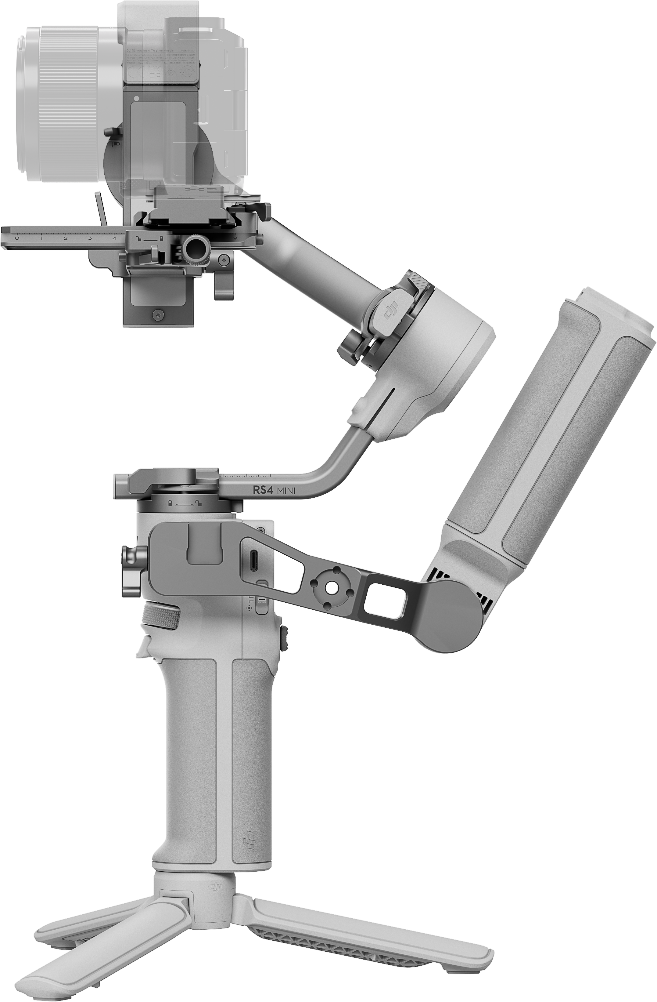 Un stabilisateur de cardan gris avec une caméra attachée. Le stabilisateur est sur un trépied.