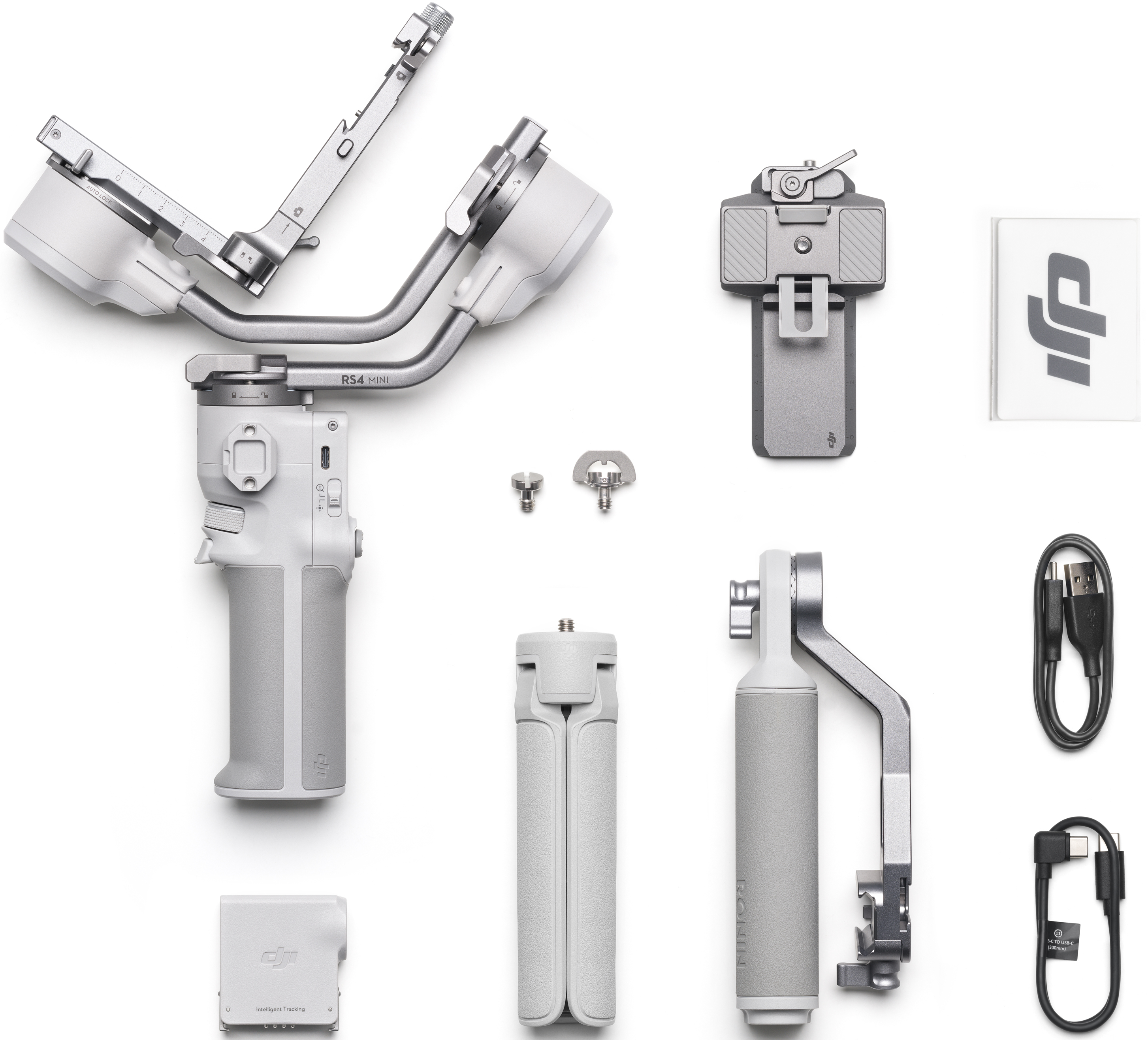 Kit de stabilisateur de caméra avec divers composants sur fond blanc.