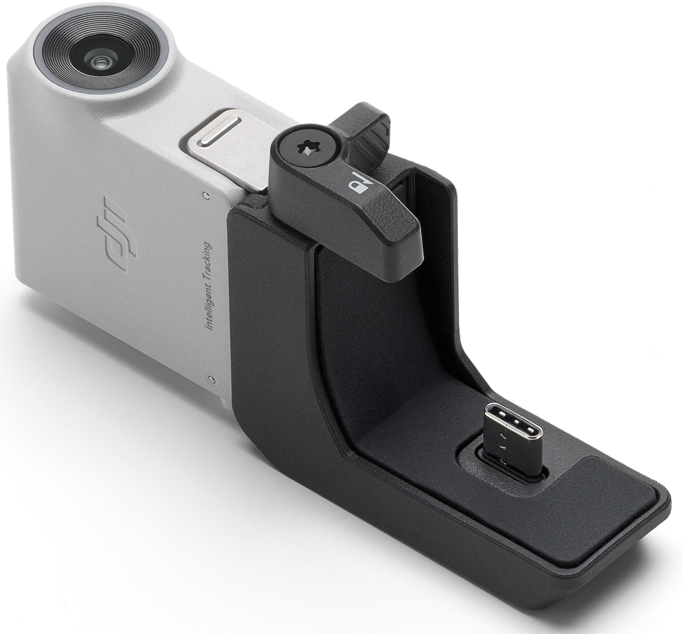Une caméra DJI blanche et noire avec une base de chargement sur fond blanc.