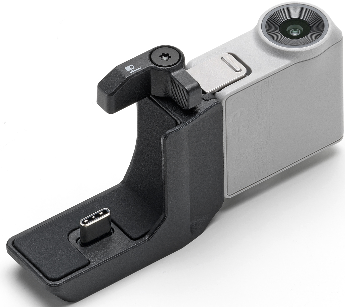 Appareil photo avec port USB-C, noir et gris. L'appareil photo a un objectif et une partie pliable.