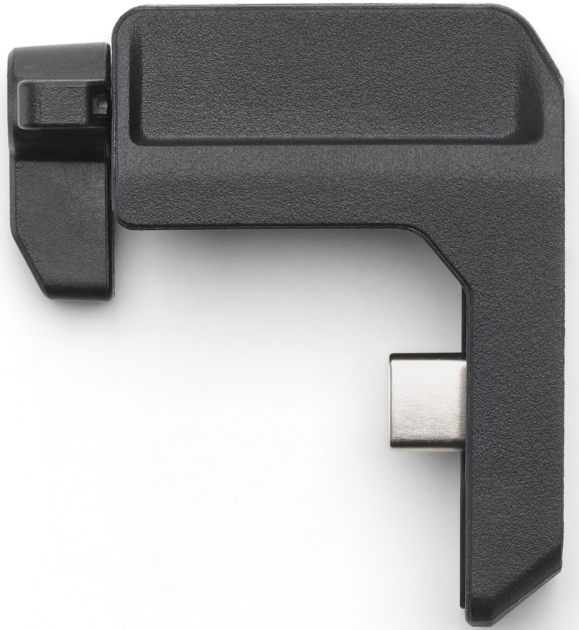 Adaptateur noir avec port USB-C et clip latéral, vu sur fond blanc.