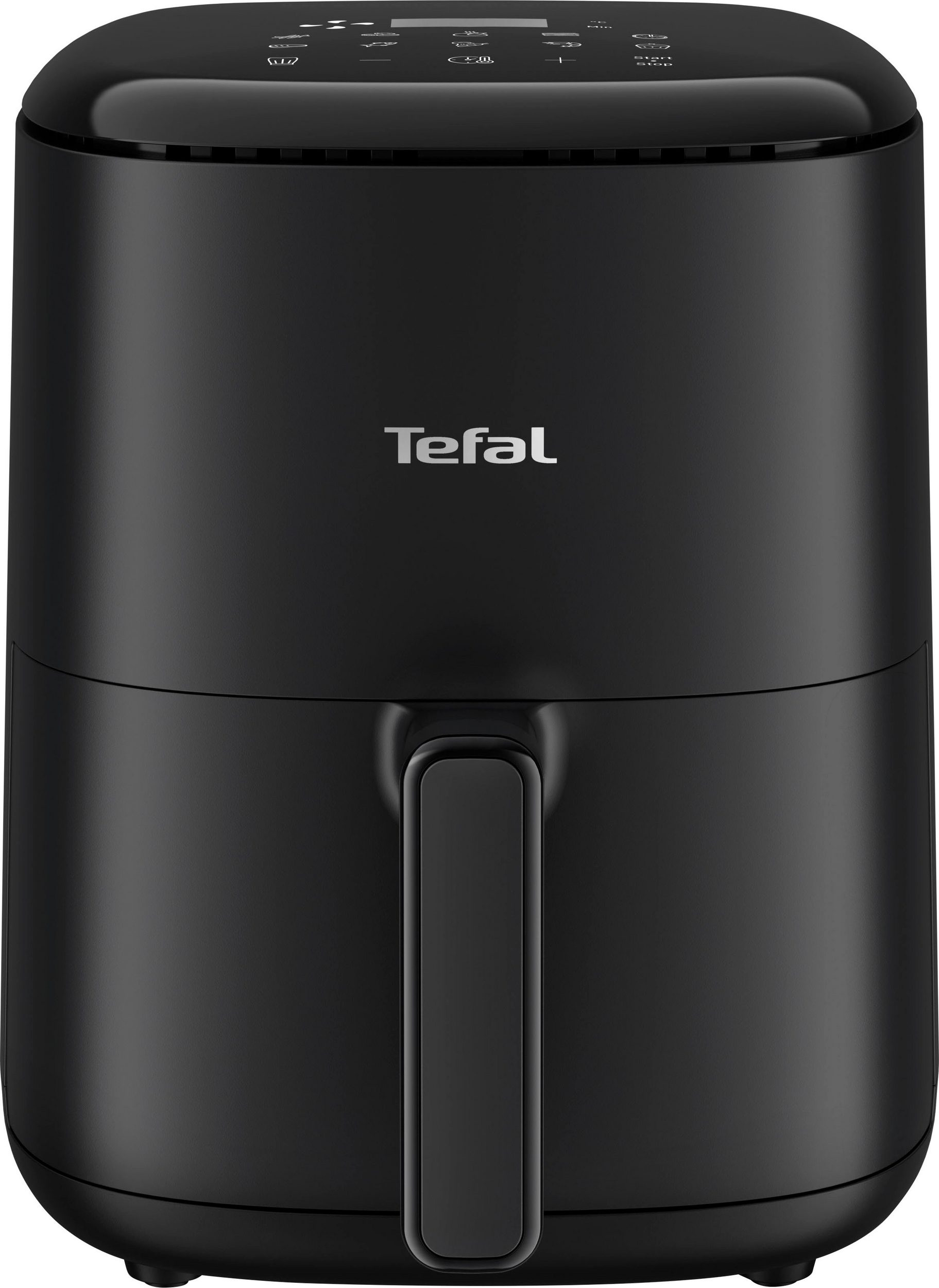 Schwarze Tefal Heißluftfritteuse. Vorderansicht, Griff in der Mitte, Bedienfeld oben. Schwarzer Hintergrund.