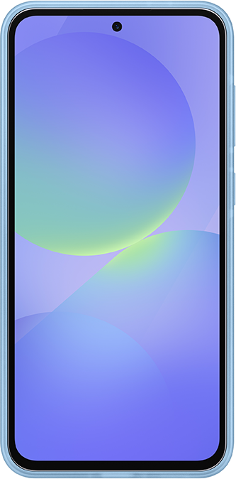 Egy világoskék telefon színes képernyővel, világoskék kerettel.