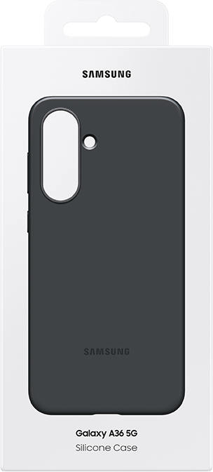 Sötétszürke szilikontok Galaxy A36 5G telefonhoz, fehér csomagolásban.