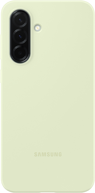 Világoszöld telefon három kameralencsével világos felületen.