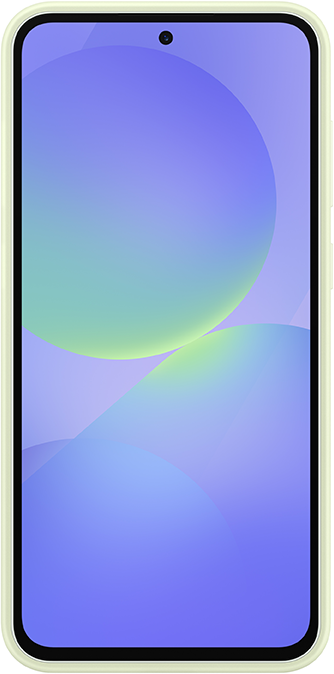 Egy világoszöld telefon, amely egy színátmenetet mutat a képernyőn. Van egy tokja.