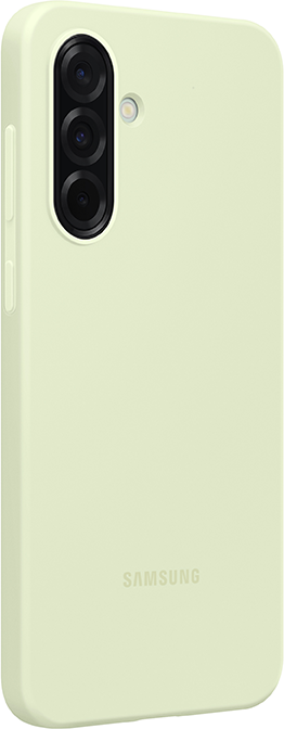 Világoszöld Samsung telefon, hátulnézet, a kamerát és a logót mutatva, fehér háttér előtt.