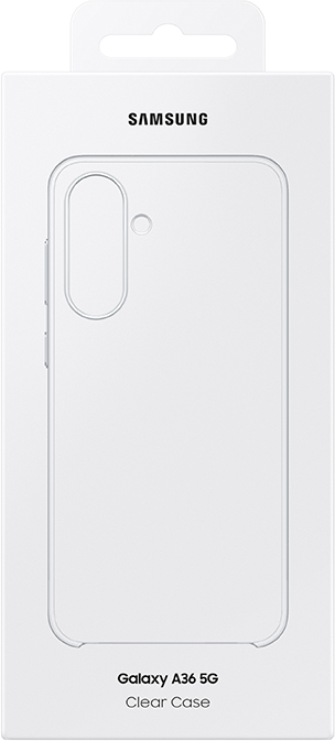 Átlátszó telefontok csomagolásban. Szöveg: Galaxy A36 5G Clear Case, Samsung logó.