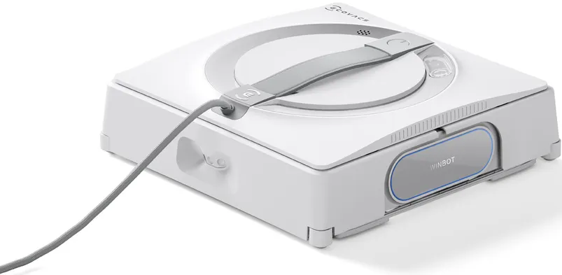 Aspirapolvere robot bianco con maniglia grigia e cavo di alimentazione.