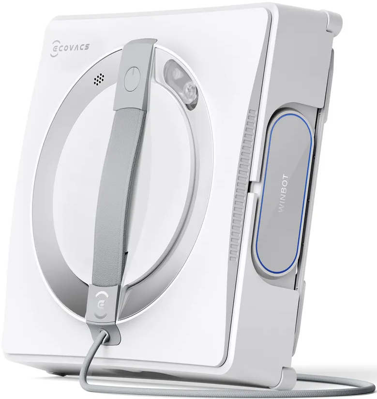 Pulitore per vetri robotico Ecovacs Winbot bianco con maniglia grigia e dettagli blu.