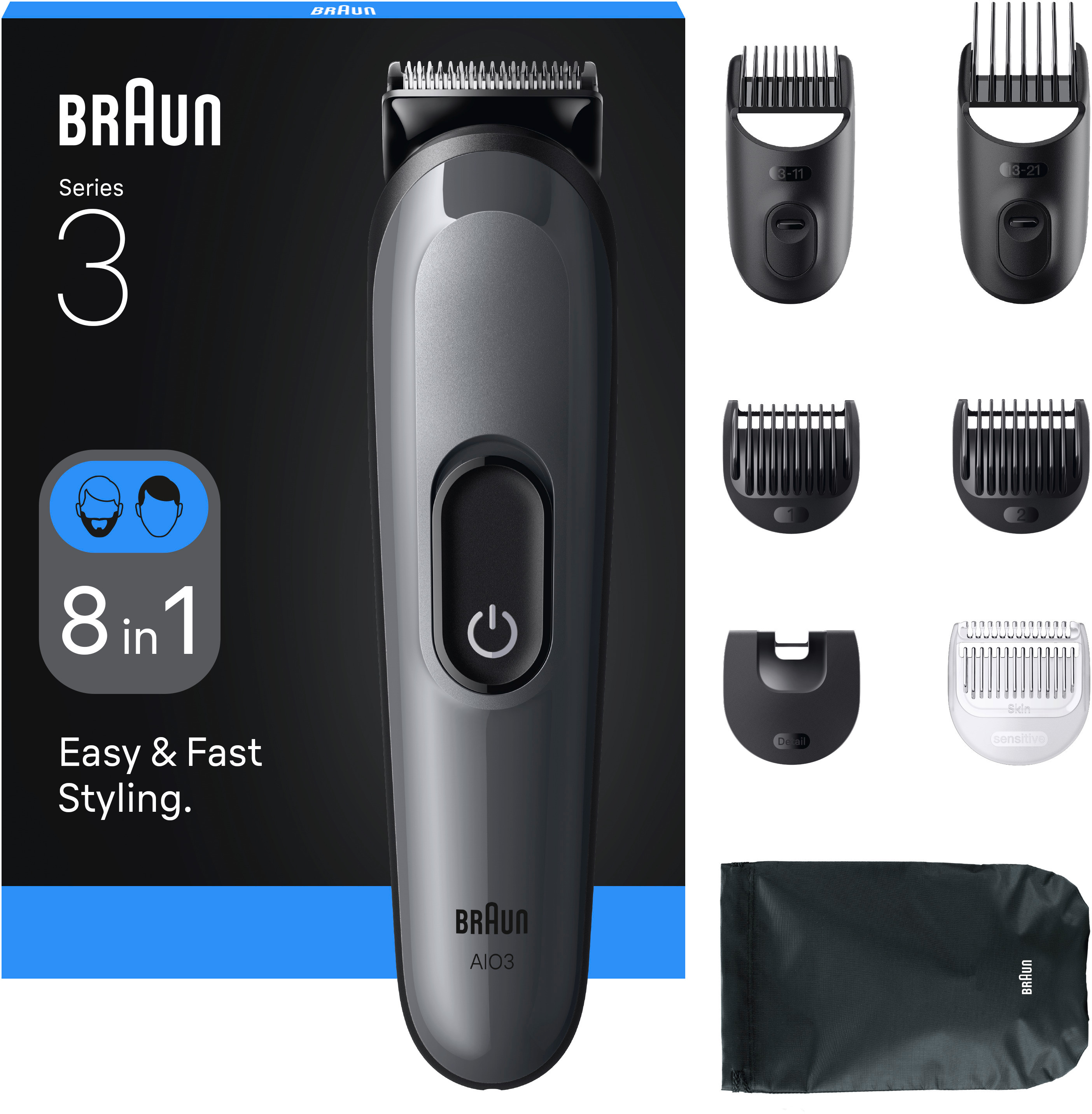 Braun Series 3 Trimmer, 8 in 1, mit verschiedenen Trimmaufsätzen und einem Beutel.