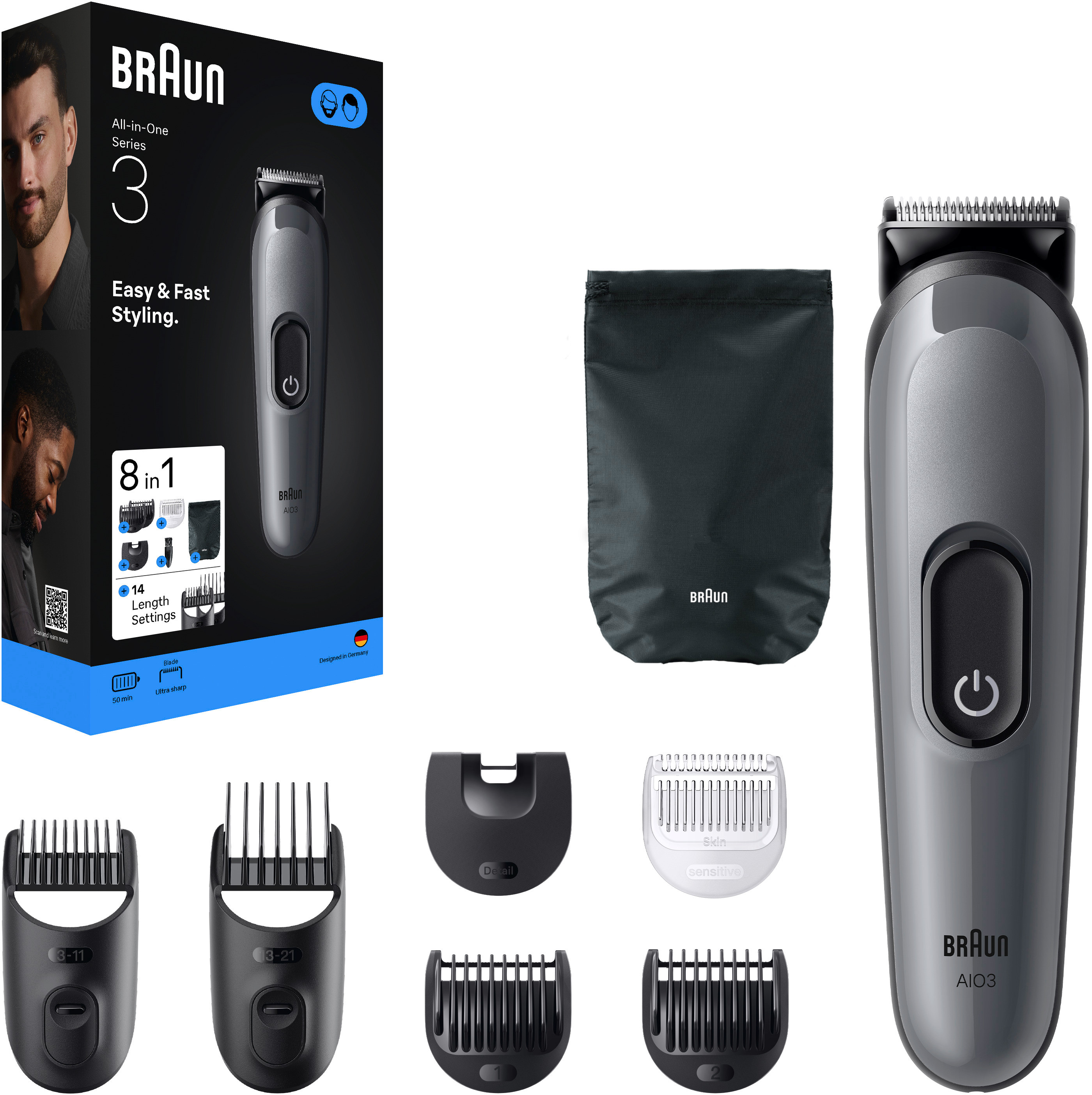 Braun Series 3 All-in-One Trimmer-Set. Enthält Trimmer, Aufsätze, Aufbewahrungstasche und Verpackung.