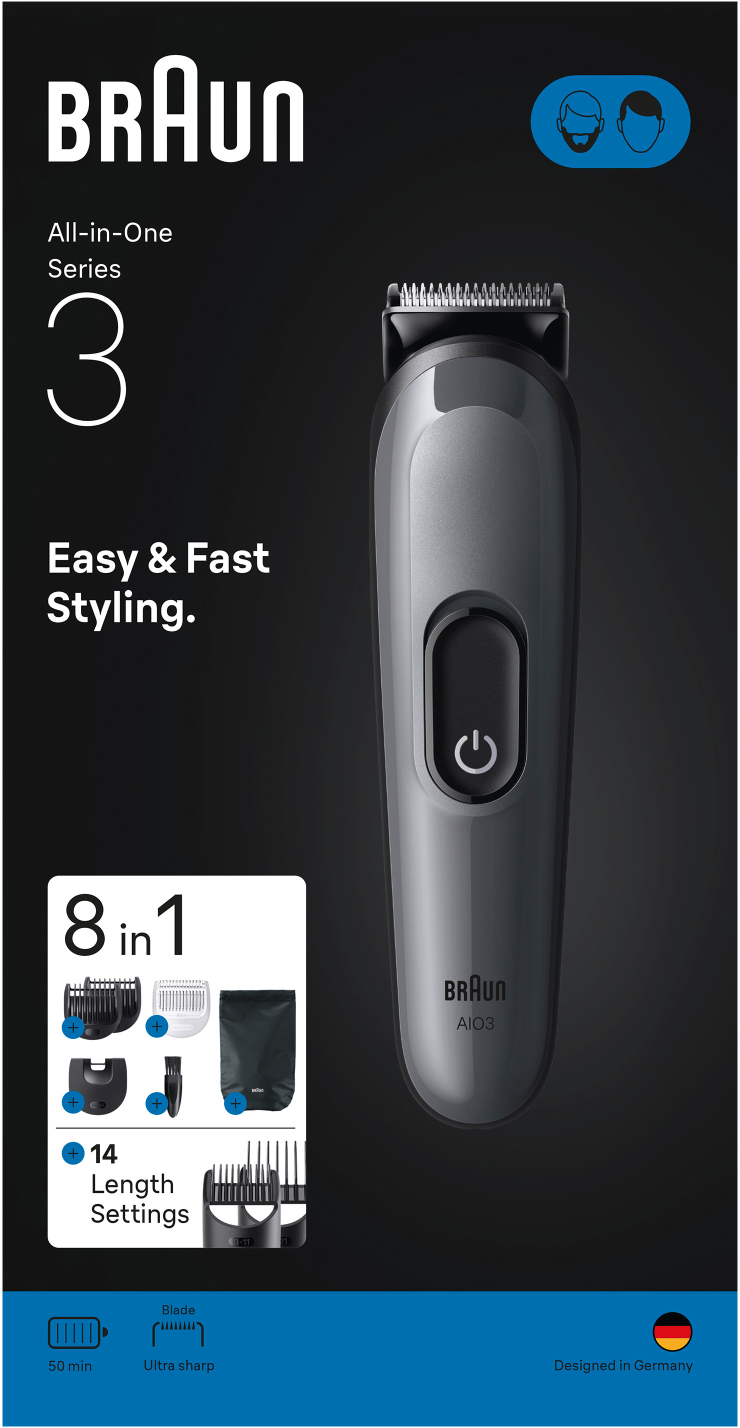 Ein Braun All-in-One Series 3 Trimmer mit Zubehör und Text auf dunklem Hintergrund.