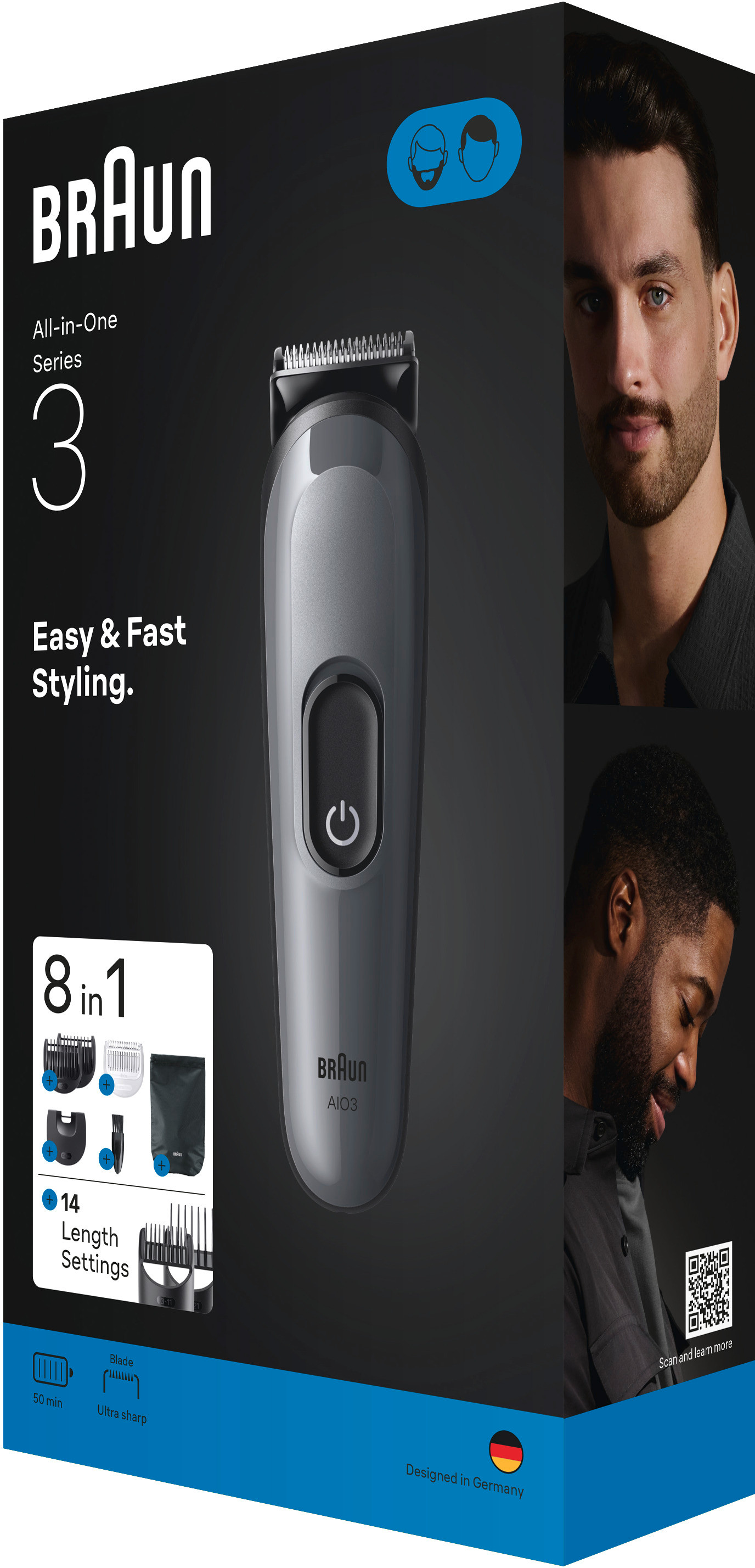 Braun All-in-One Series 3 Trimmer-Box mit Trimmer und Zubehör, Gesicht eines Mannes sichtbar.