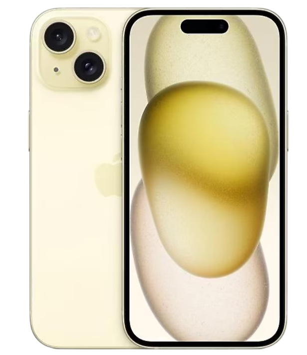 Sarı kaplamalı iPhone 14 Pro, arka tarafı ve ekranı gösteriyor.