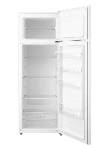 Refrigerador blanco con puertas abiertas, mostrando estantes.