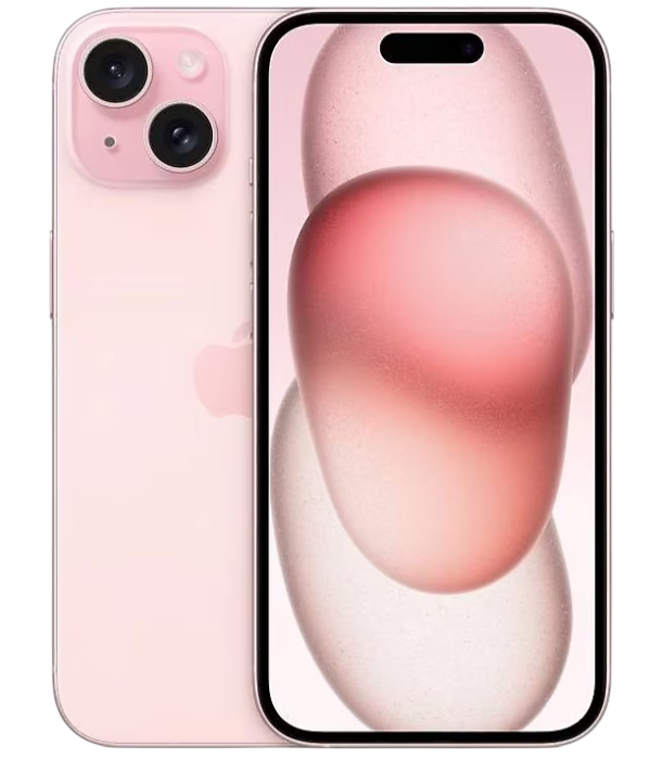 İki arka kameralı pembe iPhone, ekran pembe soyut bir tasarım gösteriyor.